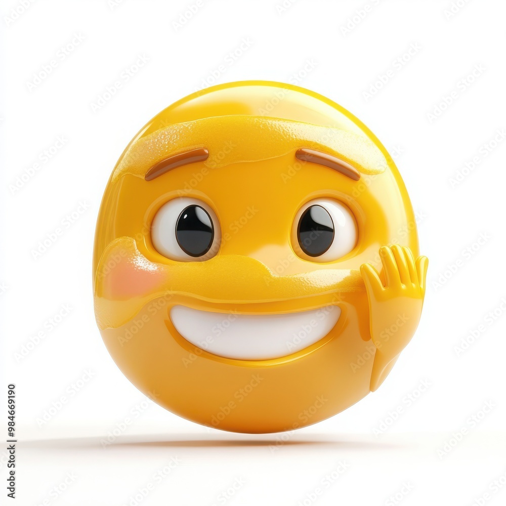 Fototapeta premium A 3D cartoon emoji gently applying a cooling gel face mask, with a calming and refreshed expression, on a white background 