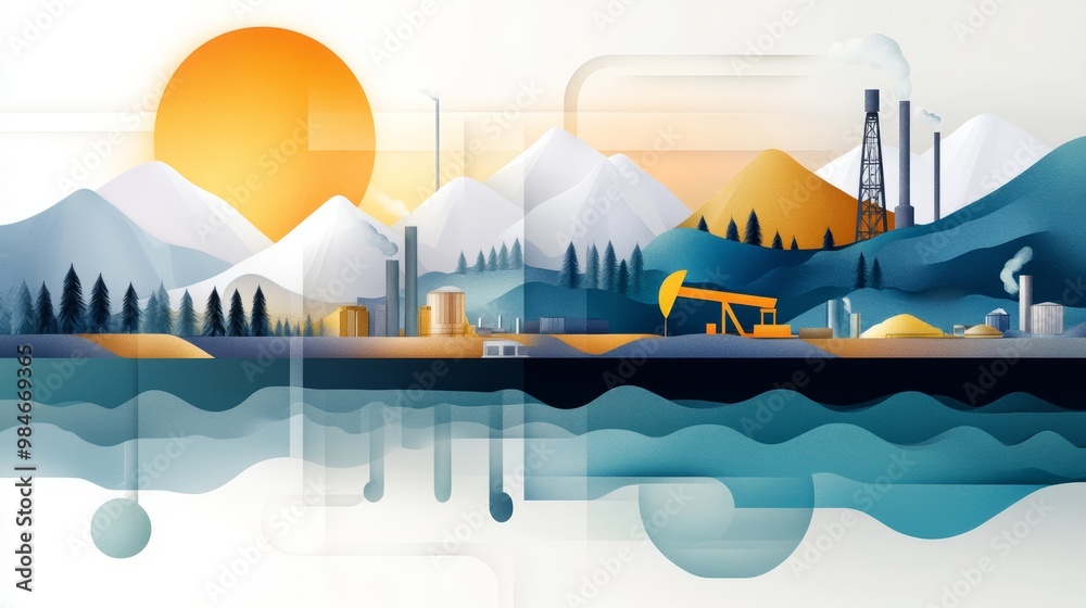 A vibrant illustration depicting an industrial landscape with mountains, sun, and oil extraction, symbolizing energy and nature. A vibrant illustration depicting an industrial landscape with mountains, sun, and oil extraction, symbolizing energy and nature.