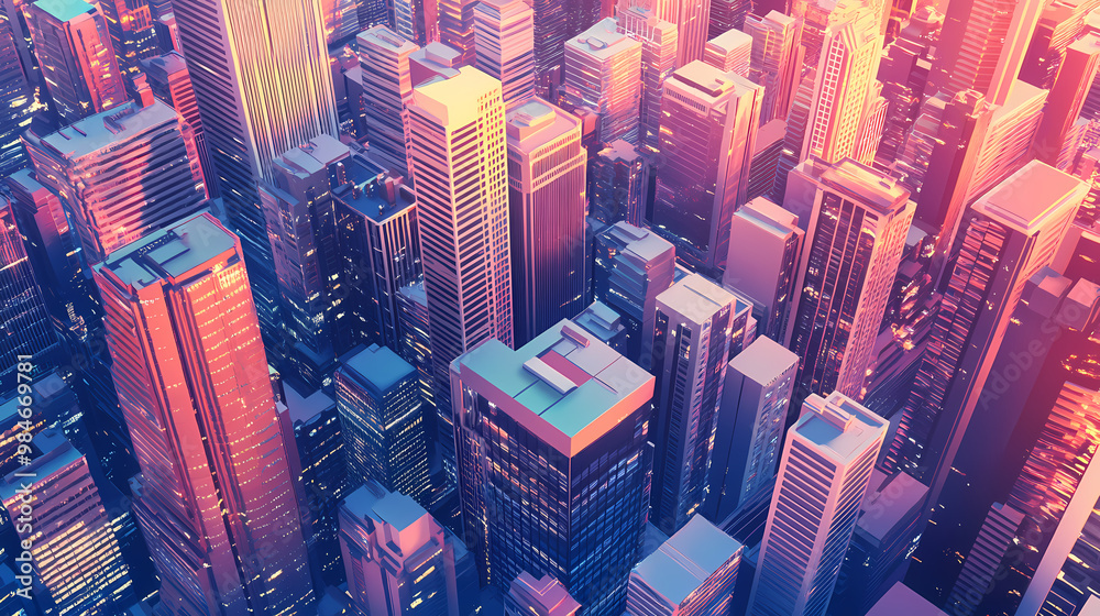 Obraz premium Aerial view of tall city skyscrapers creating a dense urban landscape, capturing the complexity and beauty of modern architectural design. Rooftop View. Illustration