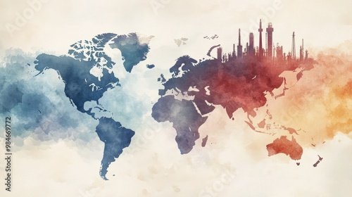 Artistic watercolor map of the world with a skyline silhouette, perfect for travel-themed projects and global connections. photo