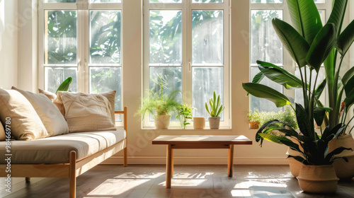 A bright and airy living room features large windows that invite natural light, complemented by indoor plants that enhance serene atmosphere. cozy sofa and wooden table create welcoming space