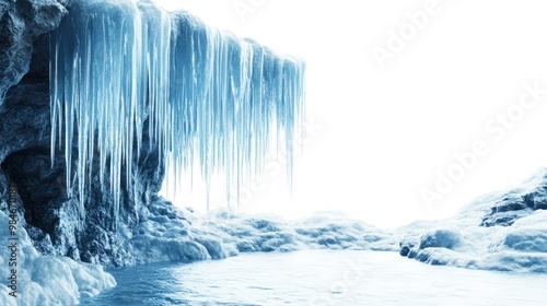 A frozen cave with icicles and a serene icy pool, creating a tranquil winter landscape.
