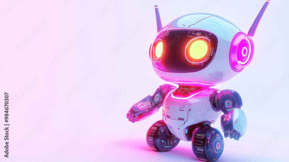 A cute, futuristic robot with glowing eyes and wheels, designed for playful interaction. A cute, futuristic robot with glowing eyes and wheels, designed for playful interaction.