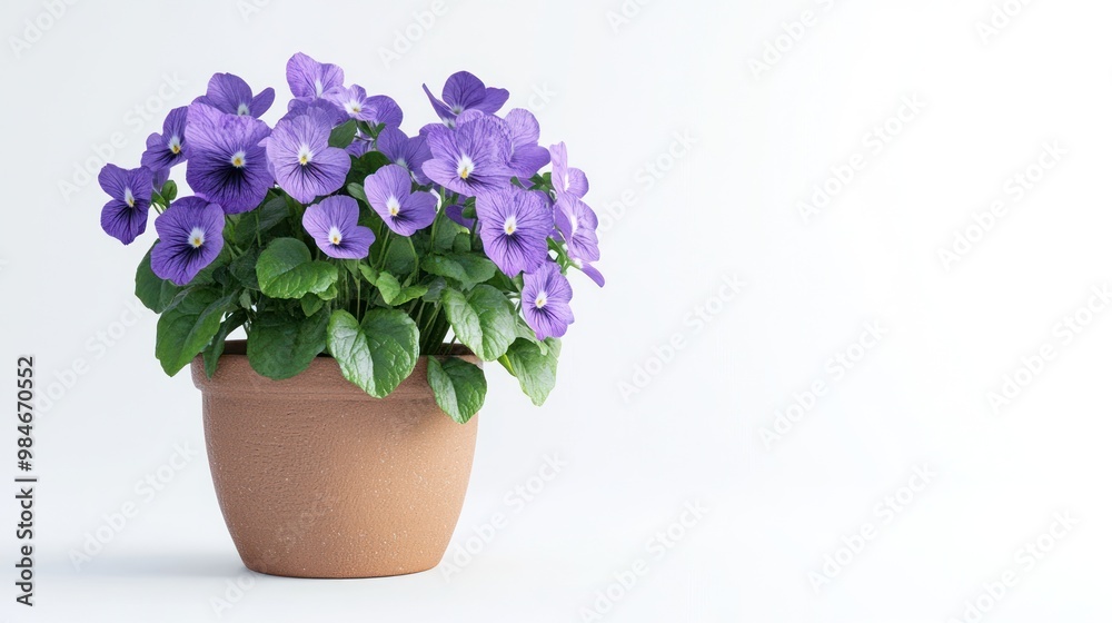 Naklejka premium A vibrant pot of purple flowers against a light background.