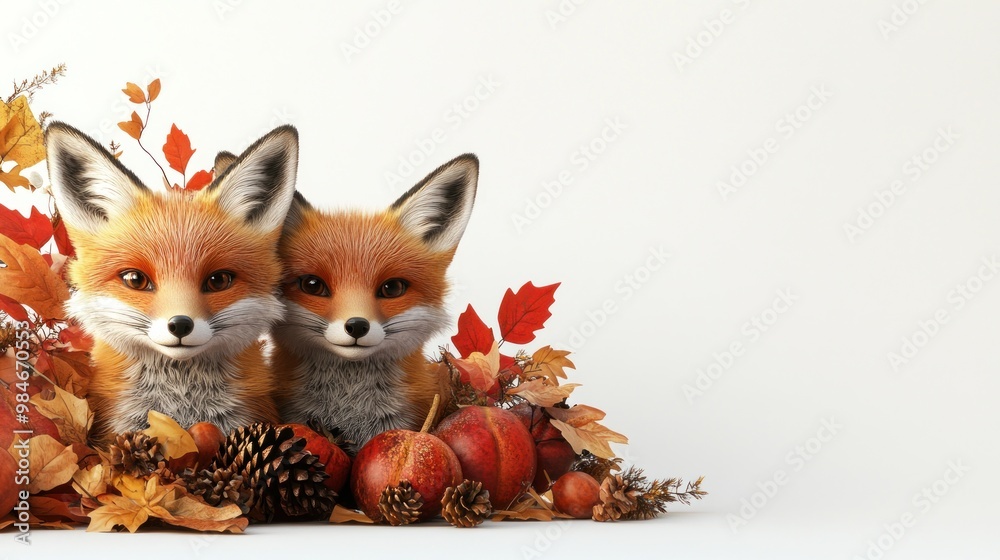 Obraz premium Two cartoon foxes among autumn leaves and pumpkins, creating a cozy seasonal scene.