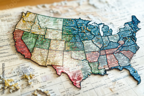 A colorful map of the United States with a red dot in the middle of the map photo