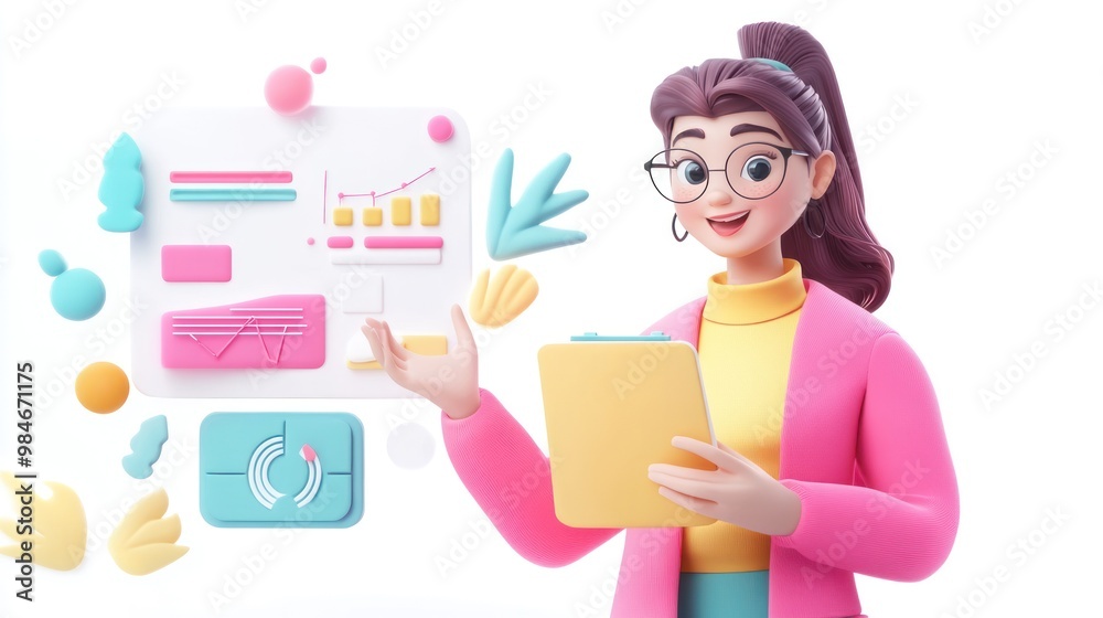 A 3D character presenting data and graphics on a digital tablet. A 3D character presenting data and graphics on a digital tablet.