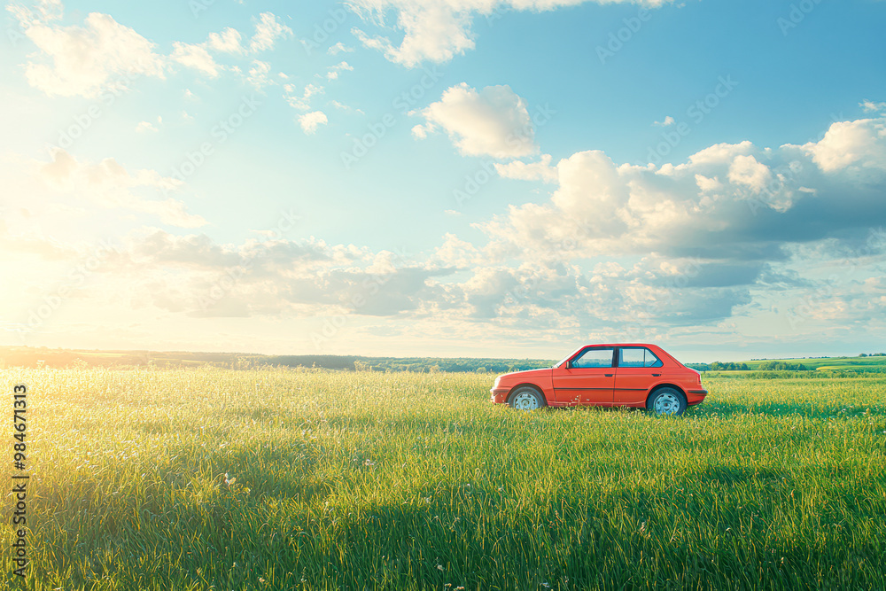 Fototapeta premium Fusion of Nature and Mobility Car Parked in Grassy Field under Sunny Sky
