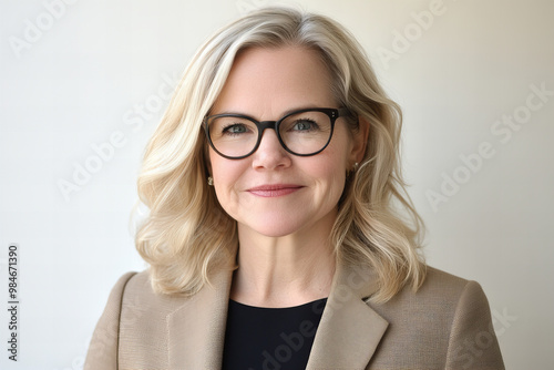 Beautiful portrait of a middle-aged woman with blonde hair and a warm smile, exuding confidence, elegance, and timeless beauty, ideal for concepts related to aging gracefully