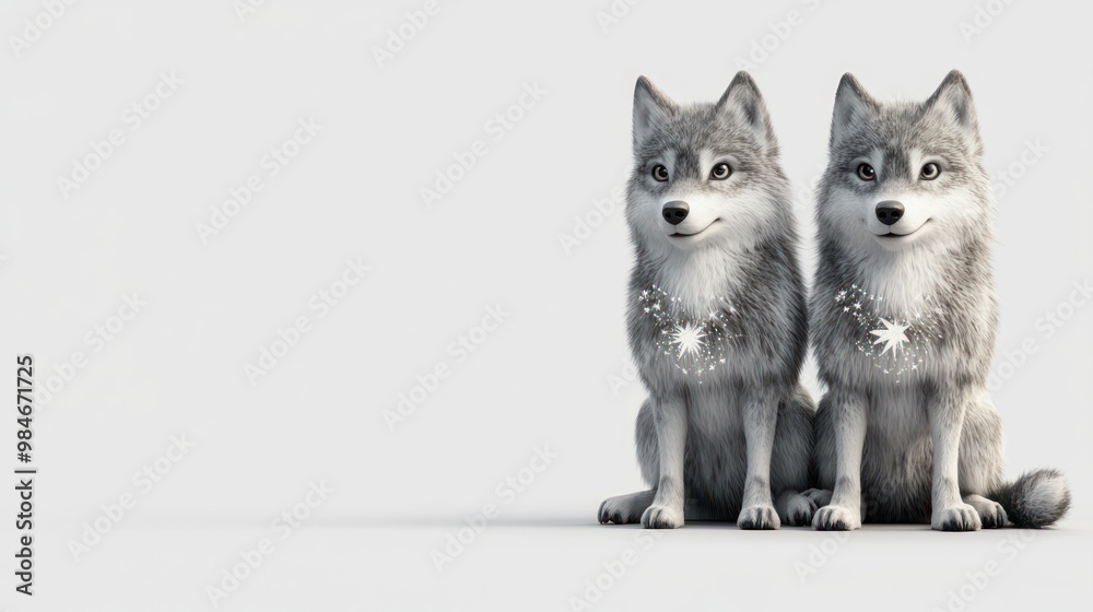Two stylized wolves sitting side by side, adorned with decorative elements around their necks. Two stylized wolves sitting side by side, adorned with decorative elements around their necks.