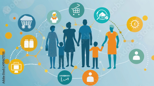 Wallpaper Mural A digital illustration of Social Security survivor benefits, showing the steps and options available, with icons representing family, financial security, and support Torontodigital.ca