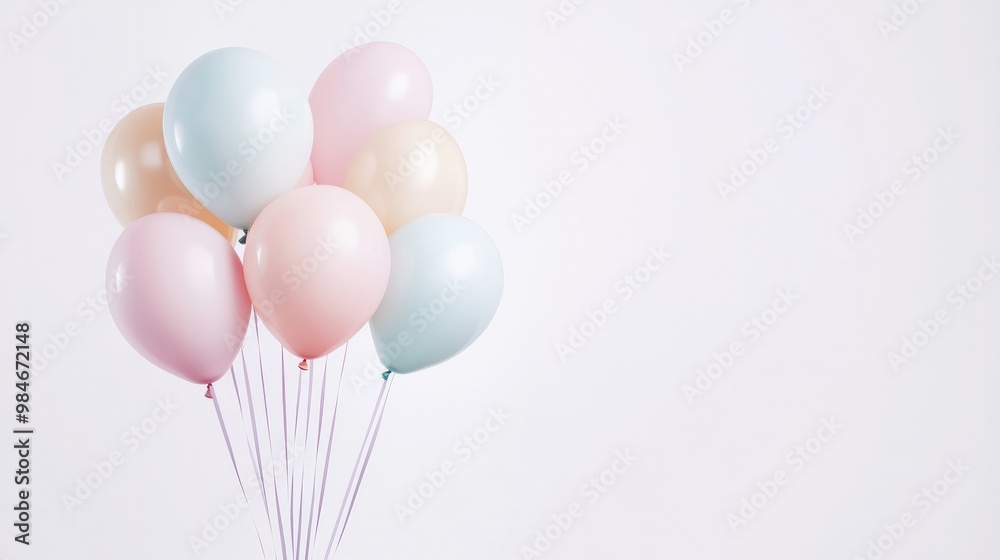 A cluster of pastel-colored balloons, hovering against a white backdrop, evoking a sense of lightness and joy A cluster of pastel-colored balloons, hovering against a white backdrop, evoking a sense of lightness and joy
