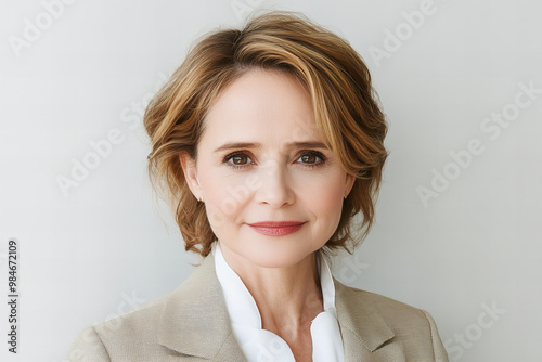 Beautiful portrait of a middle-aged woman with blonde hair and a warm smile, exuding confidence, elegance, and timeless beauty, ideal for concepts related to aging gracefully