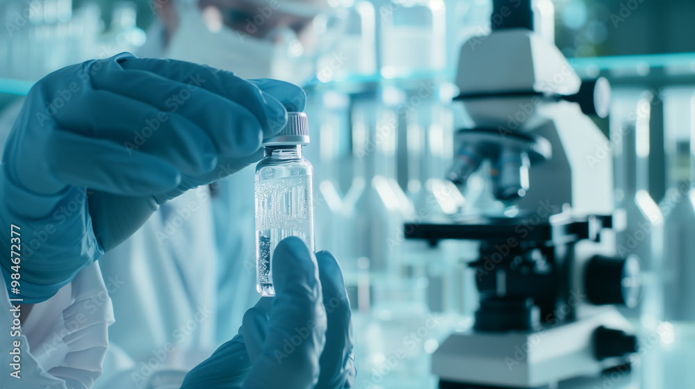Scientist holding experimental drug vial in laboratory, conducting medical research with microscope and equipment in background, shallow depth of field, symbolizing drug trials and scientific discover Scientist holding experimental drug vial in laboratory, conducting medical research with microscope and equipment in background, shallow depth of field, symbolizing drug trials and scientific discover