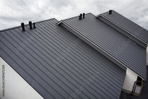 Close-up house retro roof panel with standing seam and fasteners. Modern galvanized steel roofing sheet with ribs. Classic style black metal panel with rebate joint. Falz roofing. Building's covering