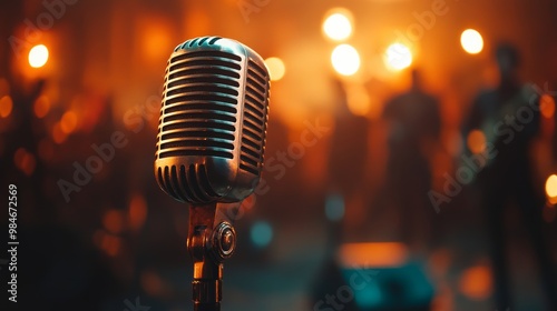 Vintage Microphone Awaits its Moment: A classic microphone stands ready on stage, bathed in the warm glow of stage lights, with a blurred band visible in the background