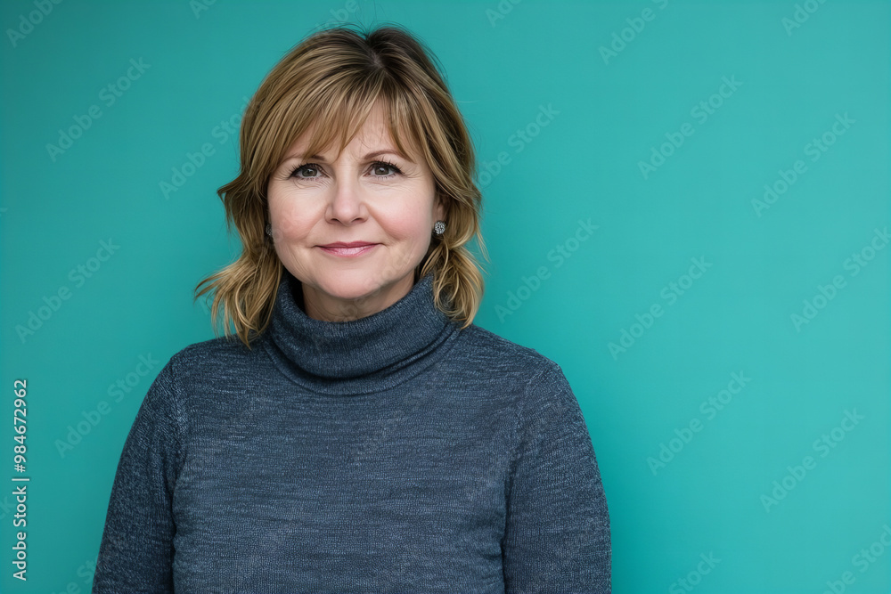 Obraz premium Beautiful portrait of a middle-aged woman with blonde hair and a warm smile, exuding confidence, elegance, and timeless beauty, ideal for concepts related to aging gracefully