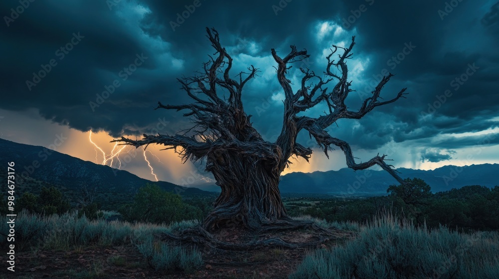 A dramatic scene featuring a gnarled tree against a stormy sky with lightning. A dramatic scene featuring a gnarled tree against a stormy sky with lightning.