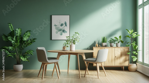 contemporary wooden easy chair made color maple wood, dining room with table.