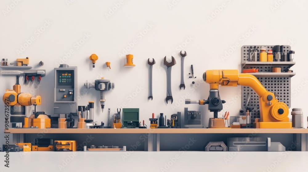 Fototapeta premium A modern workshop with tools and robotic equipment for industrial tasks.