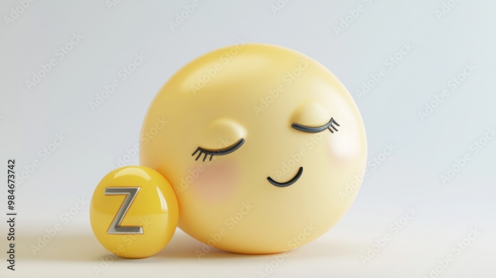 Fototapeta premium A cheerful yellow emoji with closed eyes and a small letter 