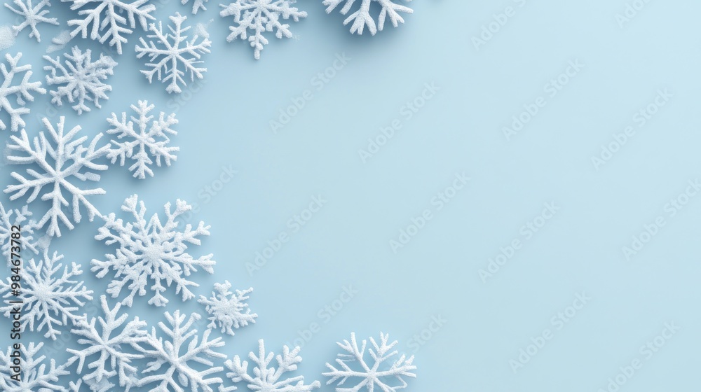A serene winter scene featuring white snowflakes against a light blue background. A serene winter scene featuring white snowflakes against a light blue background.