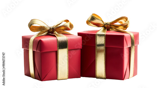 A red gift box with a gold ribbon bow. Isolated on transparent background.