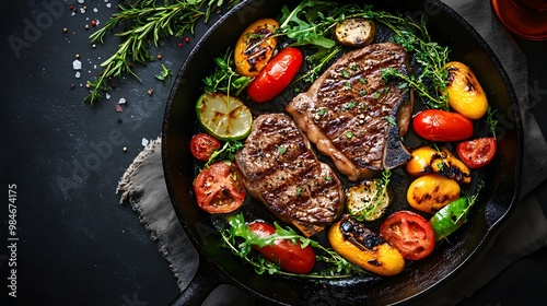 Steak with grilled vegetables in a cast-iron pan on a dark background, top view. Close-up of a food dish with steaks and greens for a presentation or promotional campaign of a restaurant or fast-food  photo