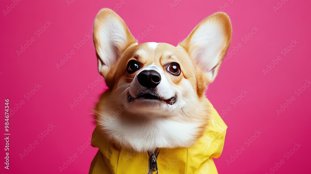 A joyful Corgi wearing a raincoat, standing against a bold pink background, capturing the dog vibrant personality and charm A joyful Corgi wearing a raincoat, standing against a bold pink background, capturing the dog vibrant personality and charm