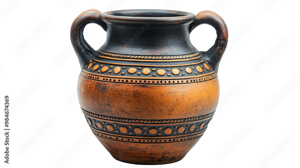 Rustic Clay Pot with Decorative Patterns, PNG