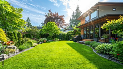 Lush Backyard with Modern Home and Sunlit Green Grass
