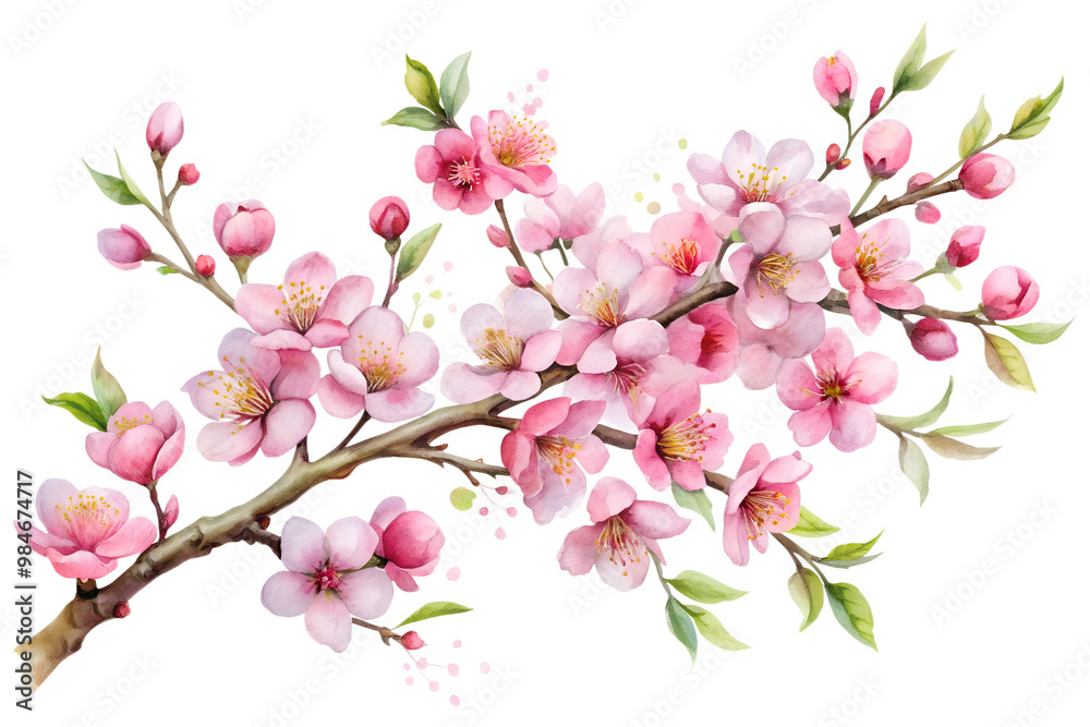 Watercolor cherry blossom branch in full bloom Watercolor cherry blossom branch in full bloom
