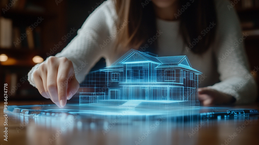 hand touches a hologram of a house model on a table. hand touches a hologram of a house model on a table.