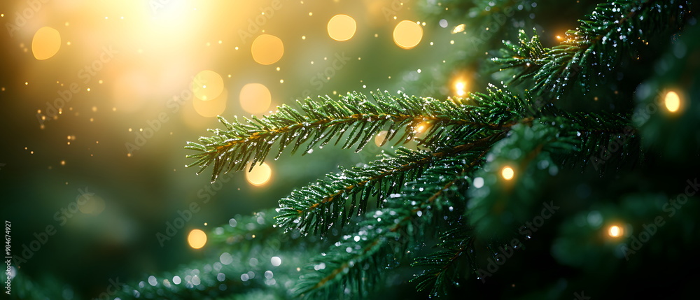 A close-up of a Christmas branch with a little snow can be used as a background for a Christmas card or website that emphasizes the warmth and brightness of winter, giving it a warm and festive feel.