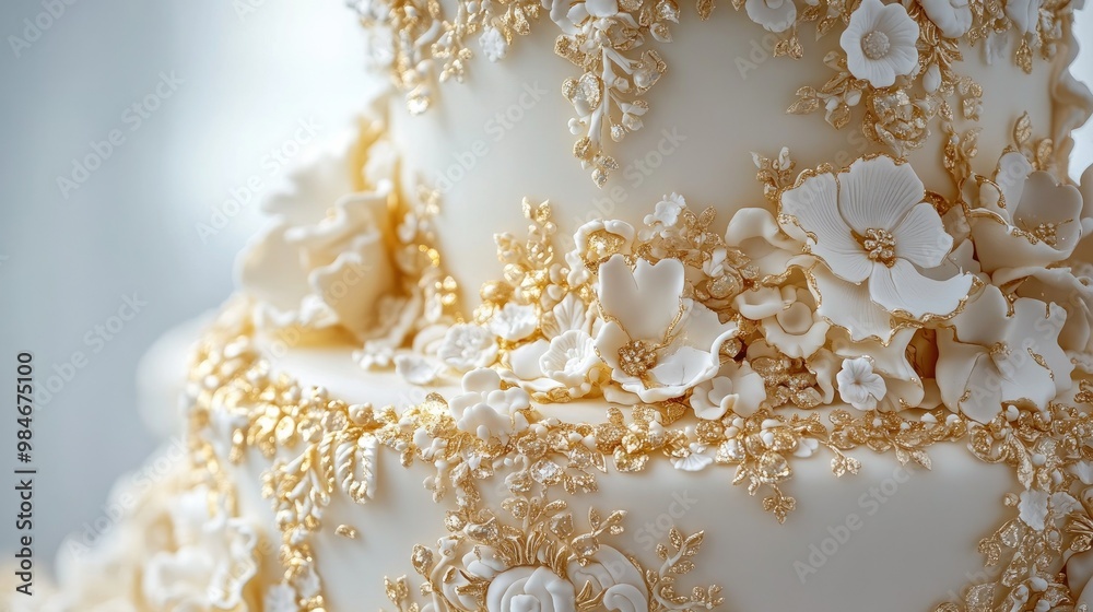A luxurious anniversary cake with shimmering details and intricate sugar work, showcased on a white background to emphasize sophistication A luxurious anniversary cake with shimmering details and intricate sugar work, showcased on a white background to emphasize sophistication