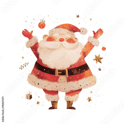 A watercolor painting of Santa Claus with a green hat and a red beard. The painting is full of stars and leaves, giving it a festive and joyful feel