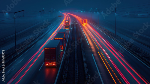 A convoy of trucks driving through the night on a deserted highway, their headlights piercing the darkness, with the glow of taillights creating a trail of light along the road