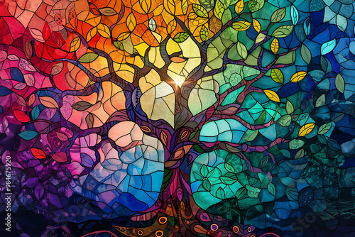 The Tree of Life stained glass window which is mentioned by the Bible as being in the Garden of Eden and who's fruit is the source of all knowledge to Adam and Eve, religious stock illustration 