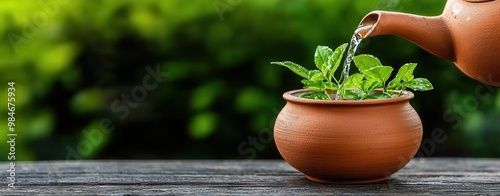 Woman pouring herbal tea from a clay pot in an Ayurvedic wellness setting, mindful living, health