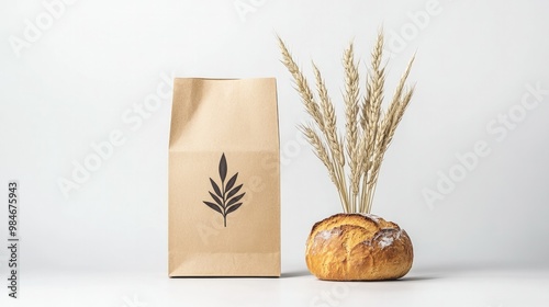 A paper bag with a logo, designed for bakery products, displayed on a white background, representing sustainable packaging.