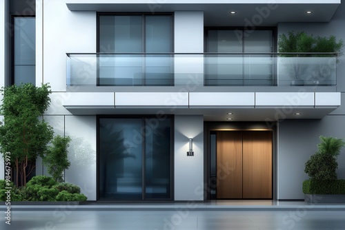 A sleek modern building featuring large glass windows and a stylish entrance in an urban setting