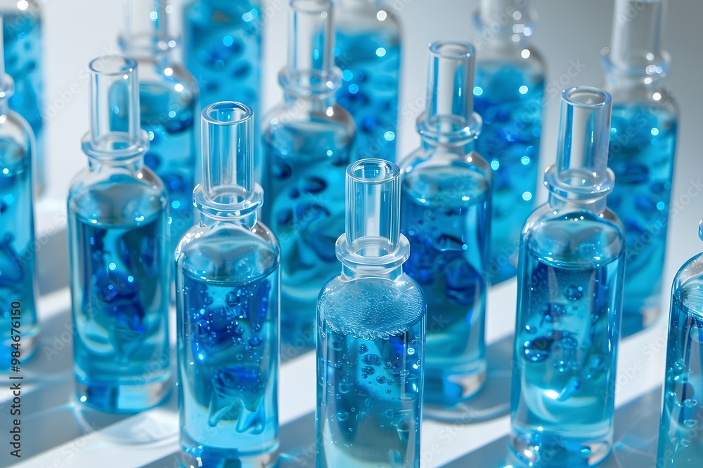 A Collection of Elegant Blue Glass Bottles with Bubbles and Liquid A Collection of Elegant Blue Glass Bottles with Bubbles and Liquid