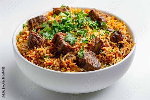 Pilaf with beef and vegetables isolated on white background