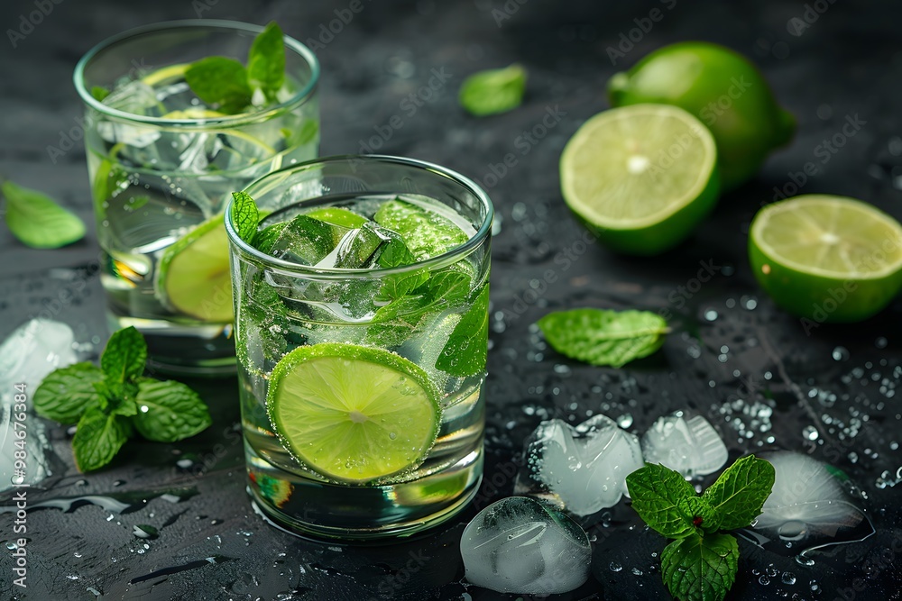 Refreshing Mojito Cocktails with Lime and Mint on a Dark Background Refreshing Mojito Cocktails with Lime and Mint on a Dark Background