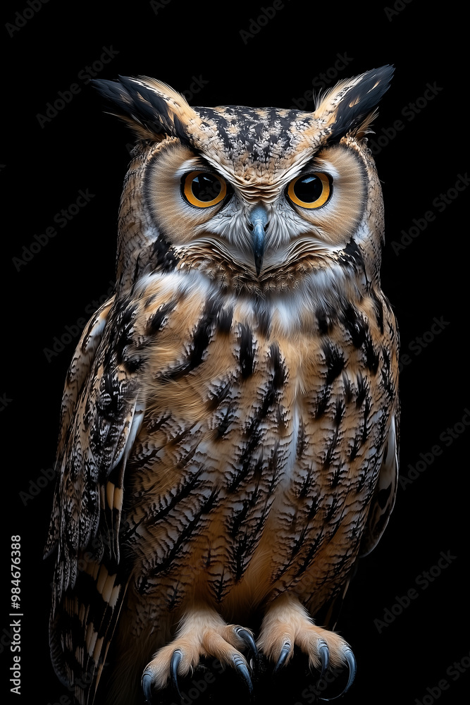Fototapeta premium owl standing on its hind legs on black background