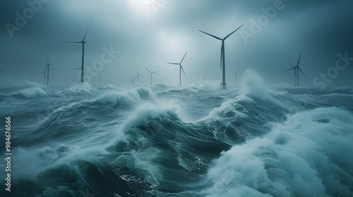  Offshore wind turbines in stormy sea, powerful waves, renewable energy, sustainable power generation, clean energy source, ocean wind farm, eco-friendly technology, environmental impact