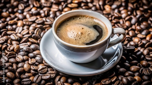 close up of Cup of hot coffee surrounded by coffee beans