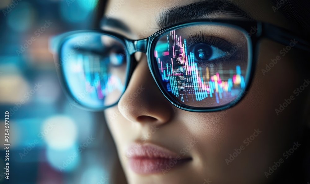 Close-Up of Businesswoman with Stock Market Graph in Glasses Reflection, Candlestick and Financial Data on Screen Close-Up of Businesswoman with Stock Market Graph in Glasses Reflection, Candlestick and Financial Data on Screen