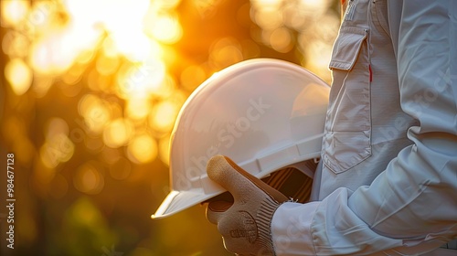 Construction Worker Holding a White Hard Hat in Golden Sunlight