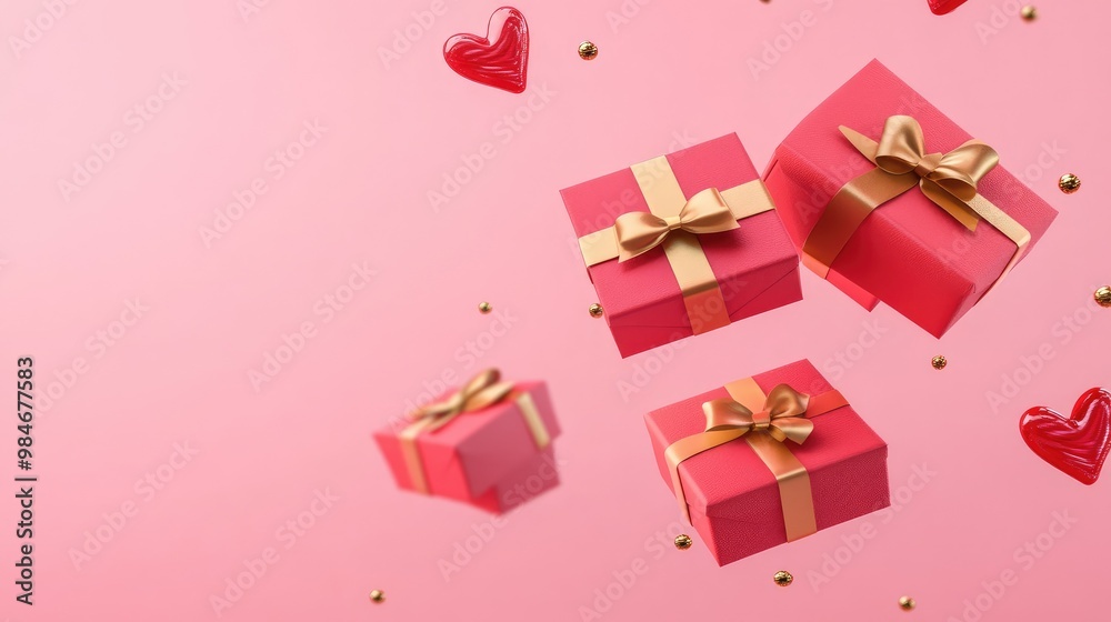 Red gift boxes with golden bows and hearts on a pink background. Red gift boxes with golden bows and hearts on a pink background.